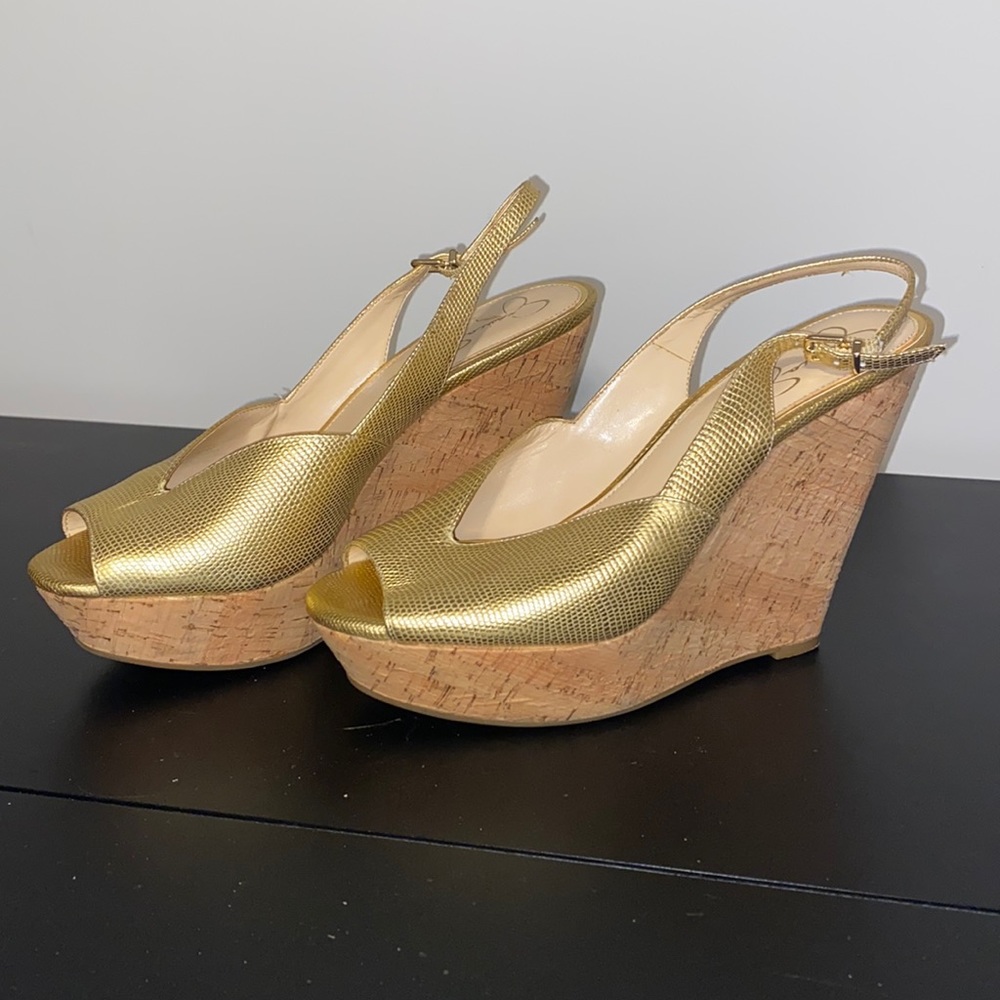 Jessica Simpson Gold Open Toe Wedges
